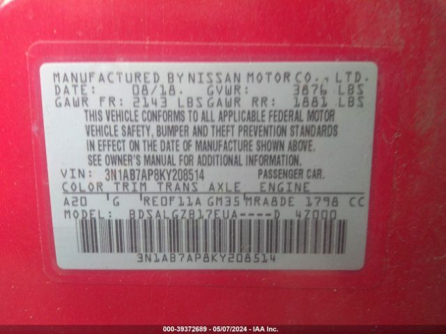 3N1AB7AP8KY208514 Nissan SENTRA SL