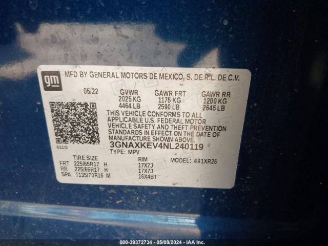 3GNAXKEV4NL240119 Chevrolet Equinox Fwd Lt
