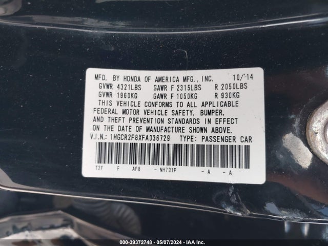 Honda Accord Ex-l 2015 1HGCR2F8XFA036729 Image 9
