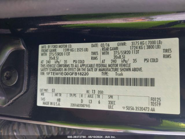 1FTEW1EG0GFB18220 Ford F-150 Lariat