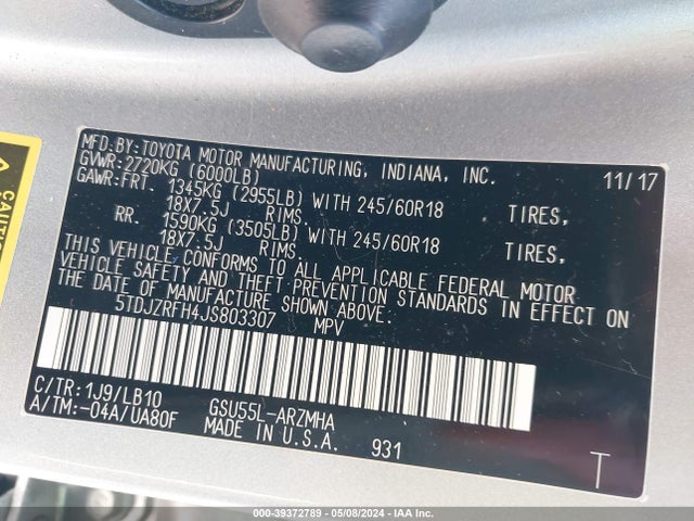 Toyota Highlander Xle 2018 5TDJZRFH4JS803307 Image 9