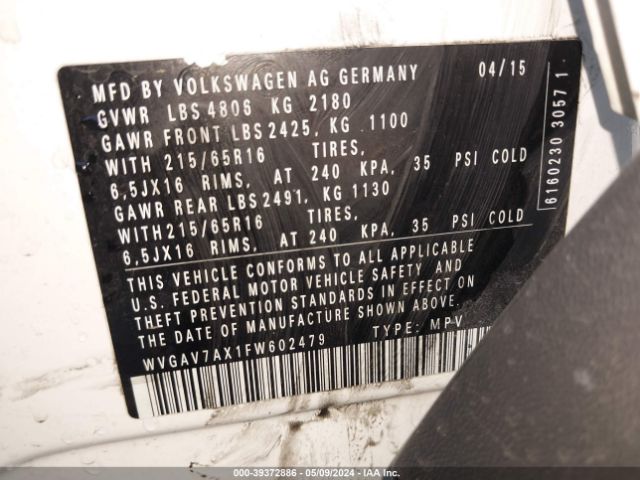 WVGAV7AX1FW602479 Volkswagen TIGUAN S