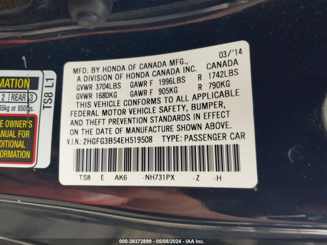 Honda Civic Lx 2014 2HGFG3B54EH519508 Image 9