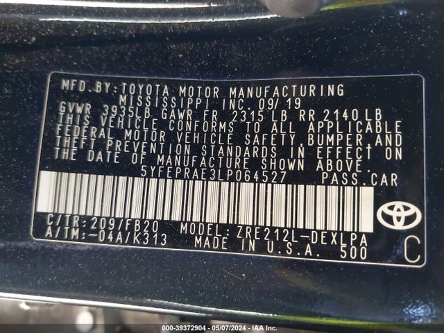 Toyota COROLLA LE 2020 5YFEPRAE3LP064527 Image 9