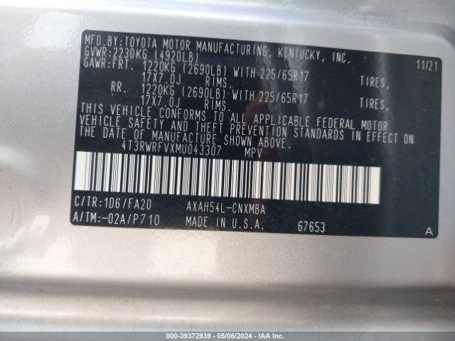 4T3RWRFVXMU043307 Toyota Rav4 Xle Hybrid