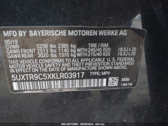 BMW X3 Xdrive30i 2019 5UXTR9C5XKLR03917 Image 9