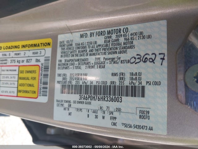 Ford FUSION SE 2017 3FA6P0H76HR336003 Image 9