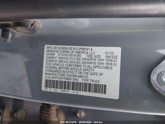 5FPYK3F79NB013462 Honda Ridgeline Rtl-e