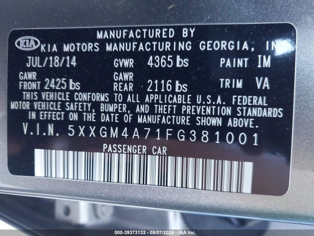 KIA Optima Lx 2015 5XXGM4A71FG381001 Image 9