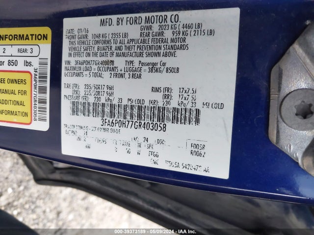 Ford FUSION SE 2016 3FA6P0H77GR403058 Image 9