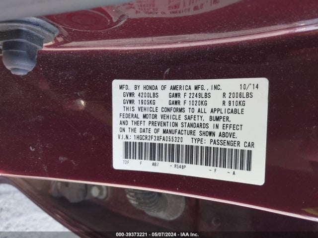 Honda ACCORD LX 2015 1HGCR2F3XFA055320 Image 9