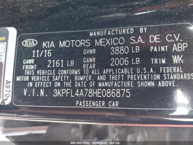3KPFL4A78HE086875 KIA FORTE S