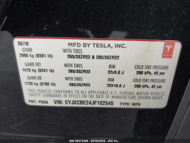 5YJXCBE24JF102545 Tesla Model X 100d/75d/p100d