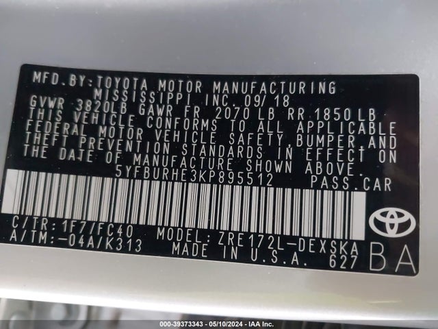 Toyota COROLLA SE 2019 5YFBURHE3KP895512 Image 9