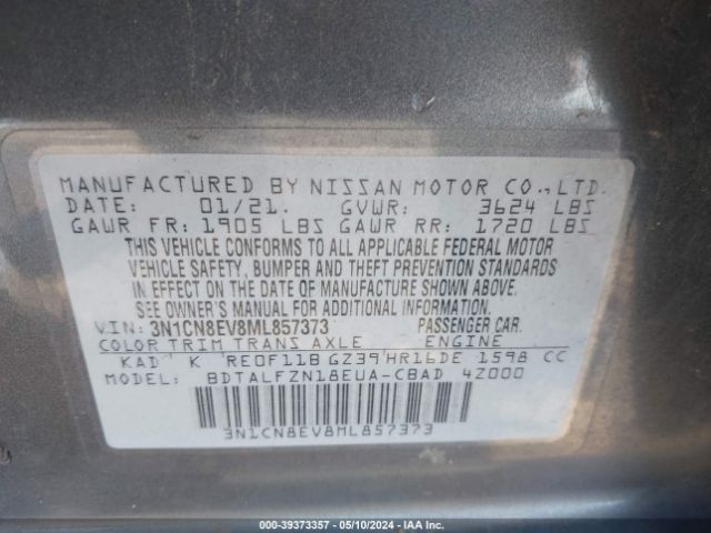 3N1CN8EV8ML857373 Nissan Versa Sv Xtronic Cvt
