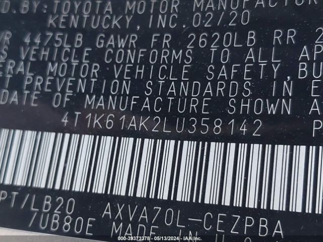4T1K61AK2LU358142 Toyota CAMRY XSE