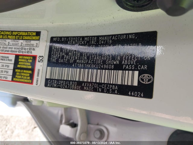 Toyota CAMRY XSE 2019 4T1B61HK8KU249608 Image 9