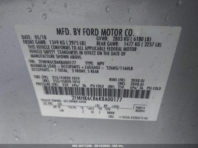 2FMHK6C86KBA00177 Ford FLEX SEL