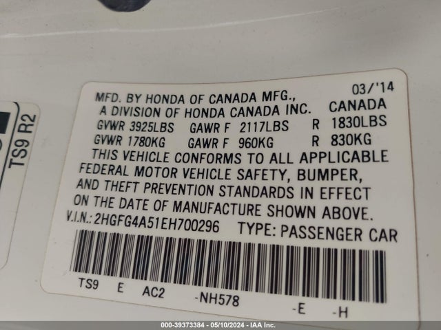 Honda CIVIC SI 2014 2HGFG4A51EH700296 Image 9