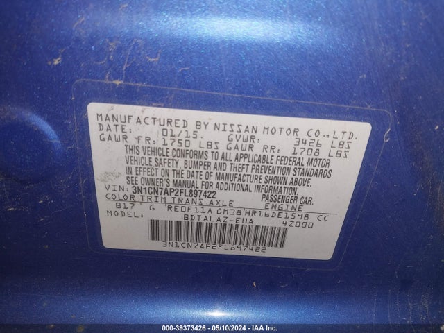 Nissan Versa 1.6 S+ 2015 3N1CN7AP2FL897422 Image 9