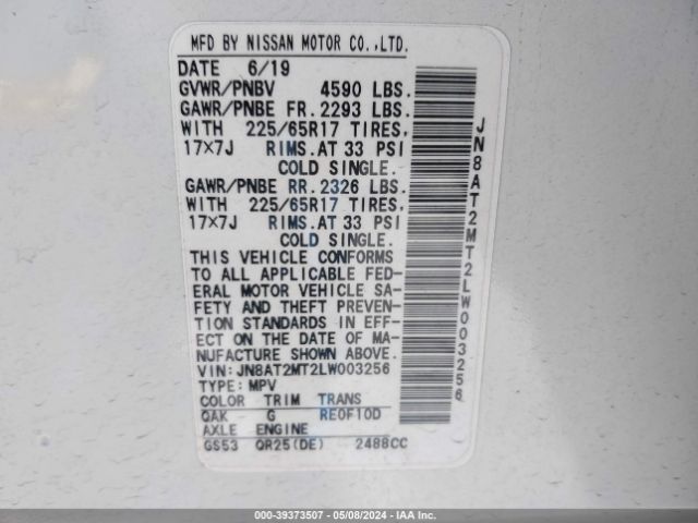 JN8AT2MT2LW003256 Nissan Rogue S Fwd