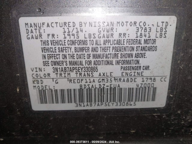 Nissan SENTRA SV 2014 3N1AB7AP5EY330865 Image 9