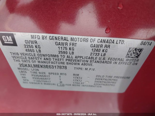 GMC Terrain Sle-1 2014 2GKALMEK8E6317878 Image 9