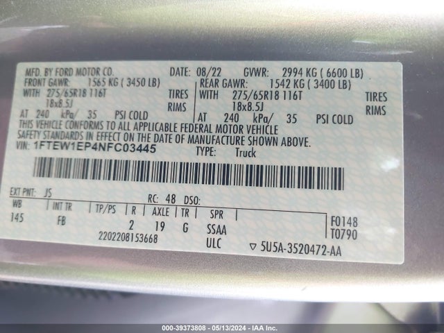 Ford F-150 Xlt 2022 1FTEW1EP4NFC03445 Image 9