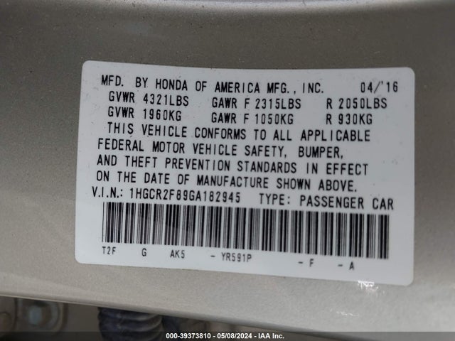 Honda Accord Ex-l 2016 1HGCR2F89GA182945 Image 9