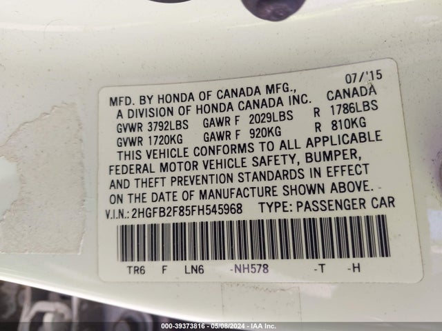 Honda CIVIC EX 2015 2HGFB2F85FH545968 Image 9