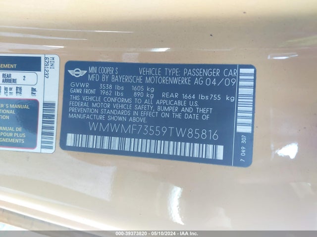 2009 MINI COOPER S WMWMF73559TW85816 Photo 8