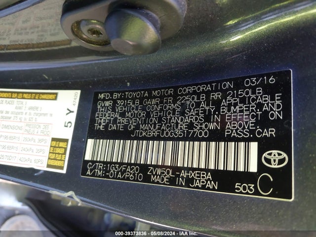 Toyota Prius Two 2016 JTDKBRFU0G3517700 Image 9