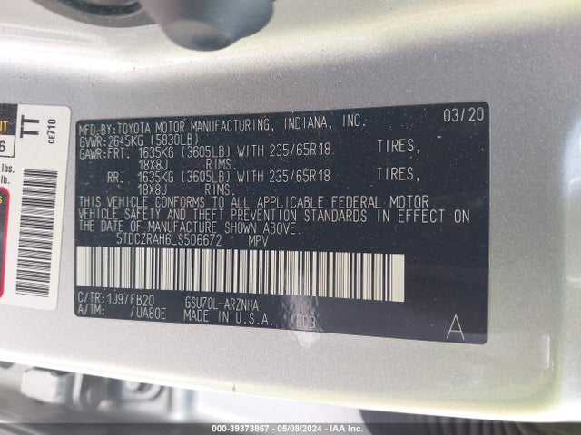 Toyota Highlander L 2020 5TDCZRAH6LS506672 Image 9