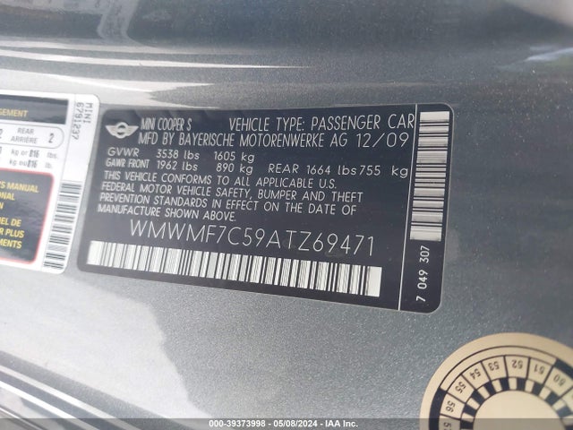 2010 MINI COOPER S WMWMF7C59ATZ69471 Photo 8