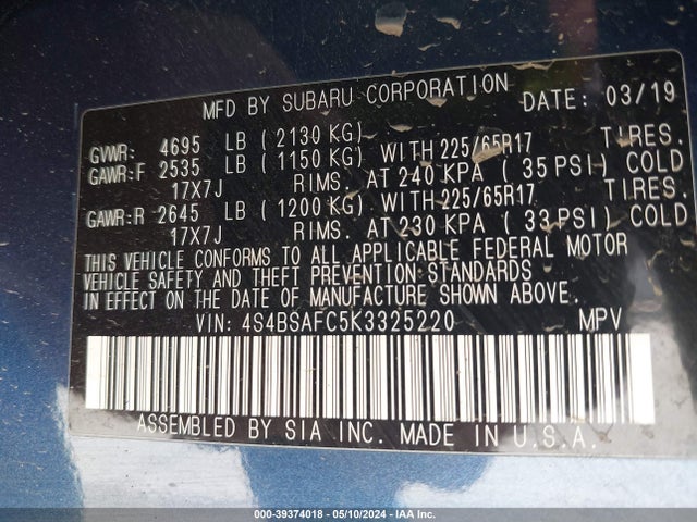 Subaru Outback 2.5i Premium 2019 4S4BSAFC5K3325220 Image 9