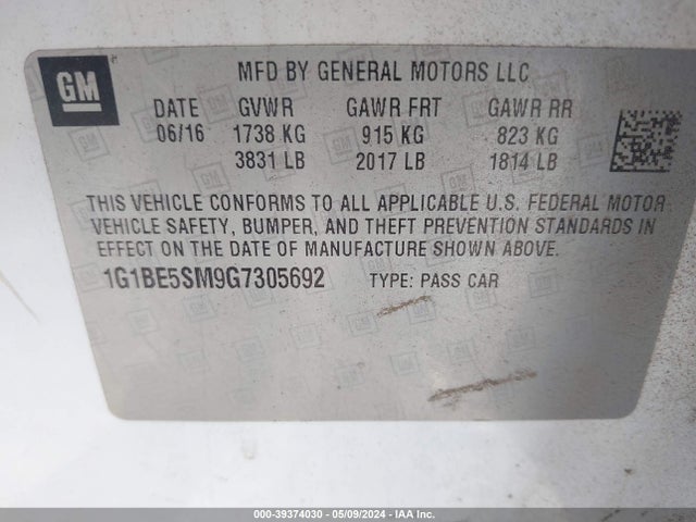 1G1BE5SM9G7305692 Chevrolet Cruze Lt Auto