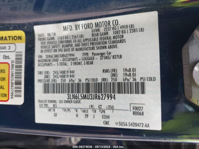 3LN6L5MU3JR627994 Lincoln Mkz Hybrid Reserve