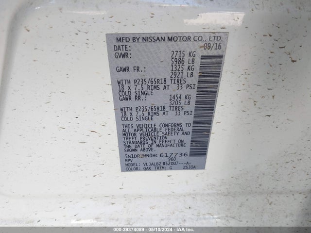 Nissan Pathfinder S 2017 5N1DR2MN0HC617736 Image 9