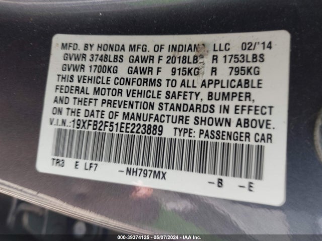 Honda Civic Lx 2014 19XFB2F51EE223889 Image 9