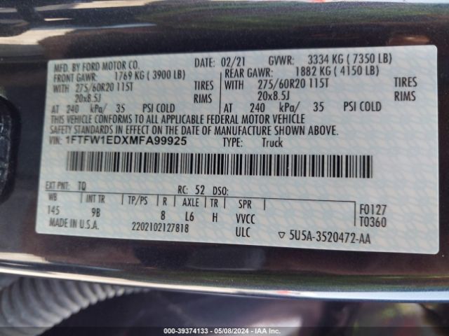 1FTFW1EDXMFA99925 Ford F-150 Platinum