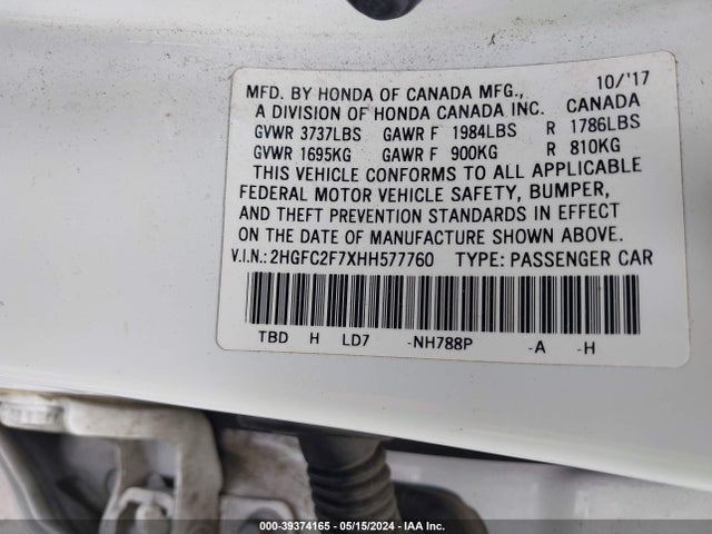 Honda CIVIC EX 2017 2HGFC2F7XHH577760 Image 9