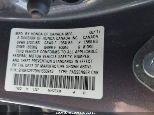 Honda CIVIC EX 2017 2HGFC2F79HH550243 Image 9