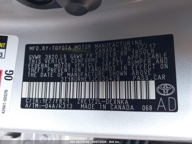Toyota COROLLA LE 2018 2T1BURHE1JC035428 Image 9