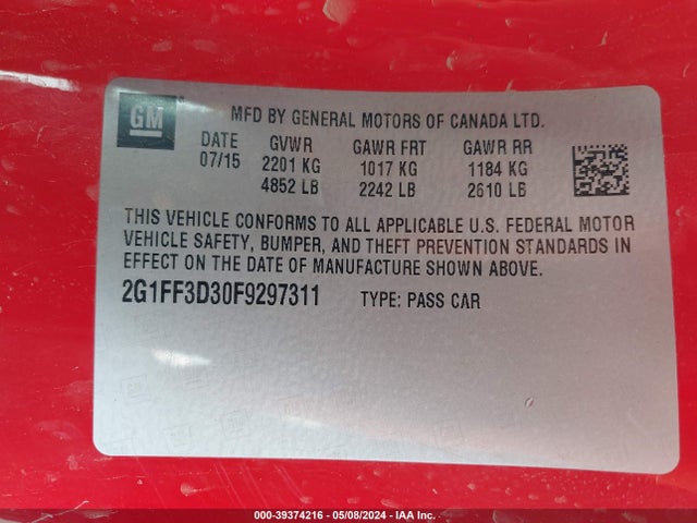 Chevrolet Camaro 2lt 2015 2G1FF3D30F9297311 Image 9
