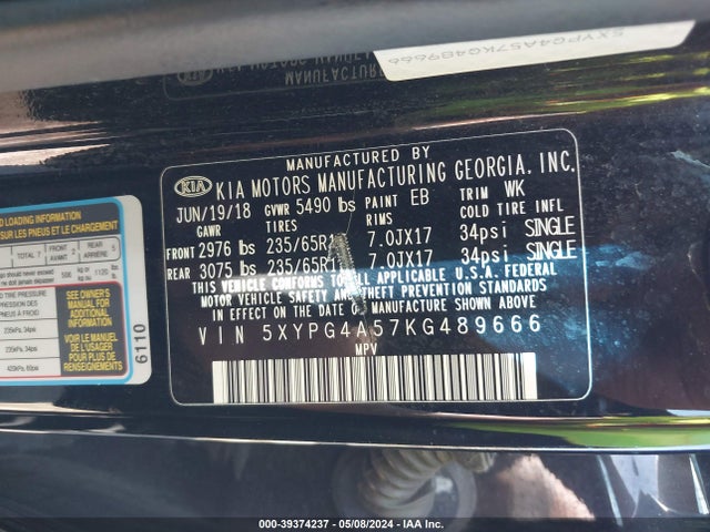 KIA Sorento 3.3l Lx 2019 5XYPG4A57KG489666 Image 9
