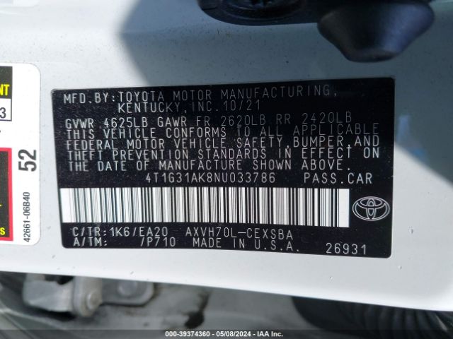 4T1G31AK8NU033786 Toyota Camry Se Hybrid