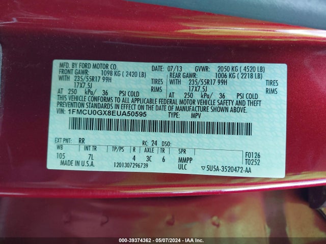 Ford ESCAPE SE 2014 1FMCU0GX8EUA50595 Image 9