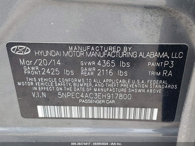 Hyundai Sonata Limited 2014 5NPEC4AC3EH917800 Image 9