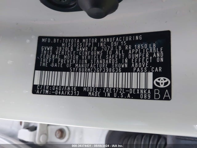 Toyota COROLLA LE 2016 5YFBURHE2GP398636 Image 9