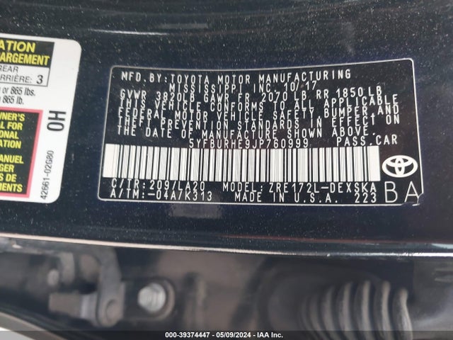 Toyota Corolla Xse 2018 5YFBURHE9JP760999 Image 9